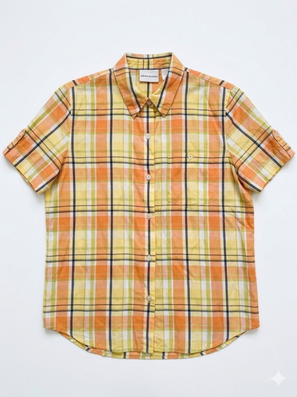Alfred Dunner Orange, Yellow & Navy Plaid Short Sleeve Button-Down